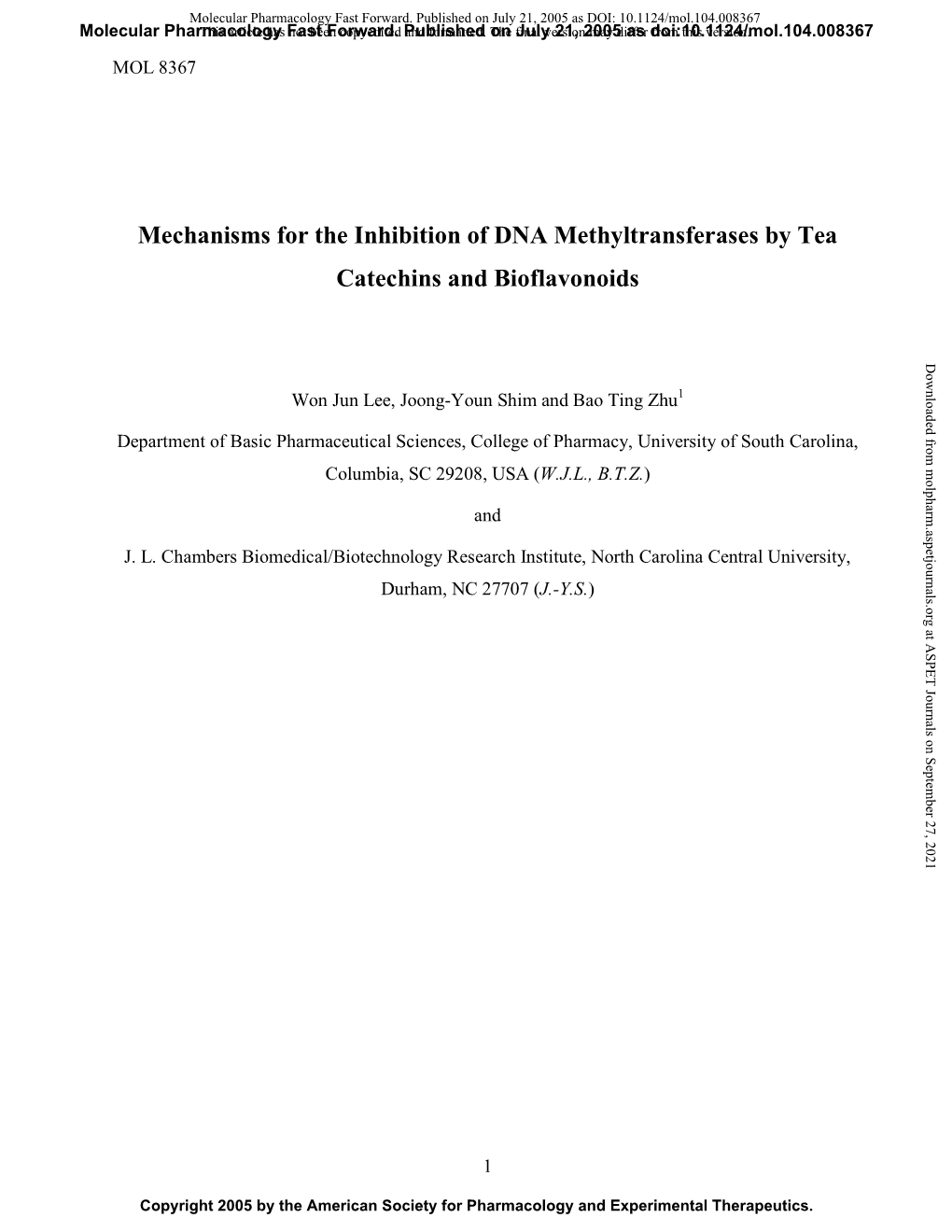 Mechanisms for the Inhibition of DNA Methyltransferases by Tea Catechins and Bioflavonoids