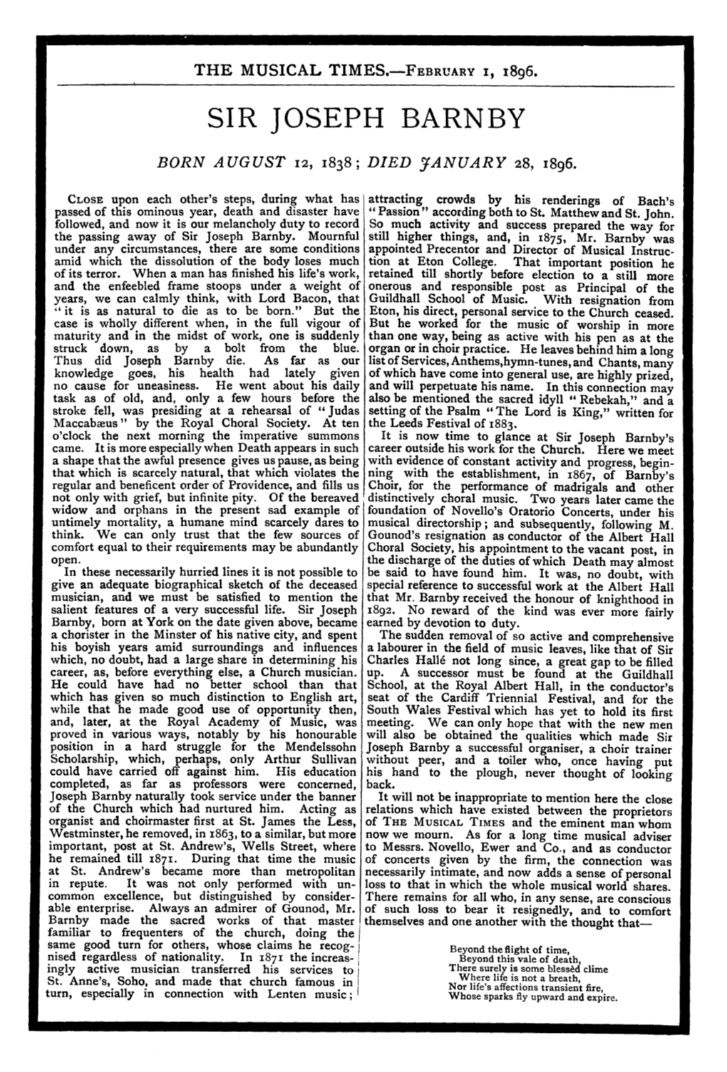 Sir Joseph Barnby. Born, August 12, 1838; Died, January 28, 1896