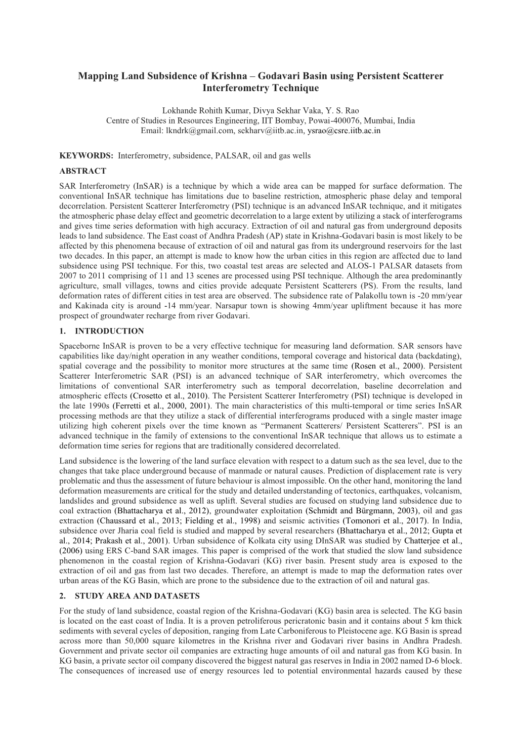 Mapping Land Subsidence of Krishna – Godavari Basin Using Persistent Scatterer Interferometry Technique