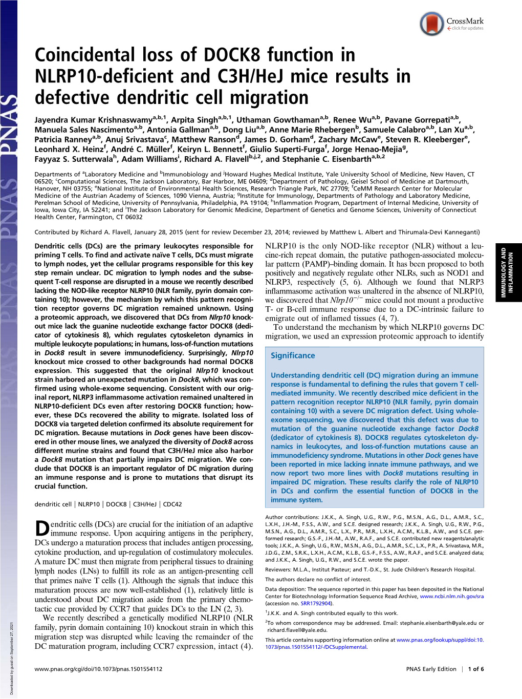 Coincidental Loss of DOCK8 Function in NLRP10-Deficient and C3H/Hej Mice Results in Defective Dendritic Cell Migration