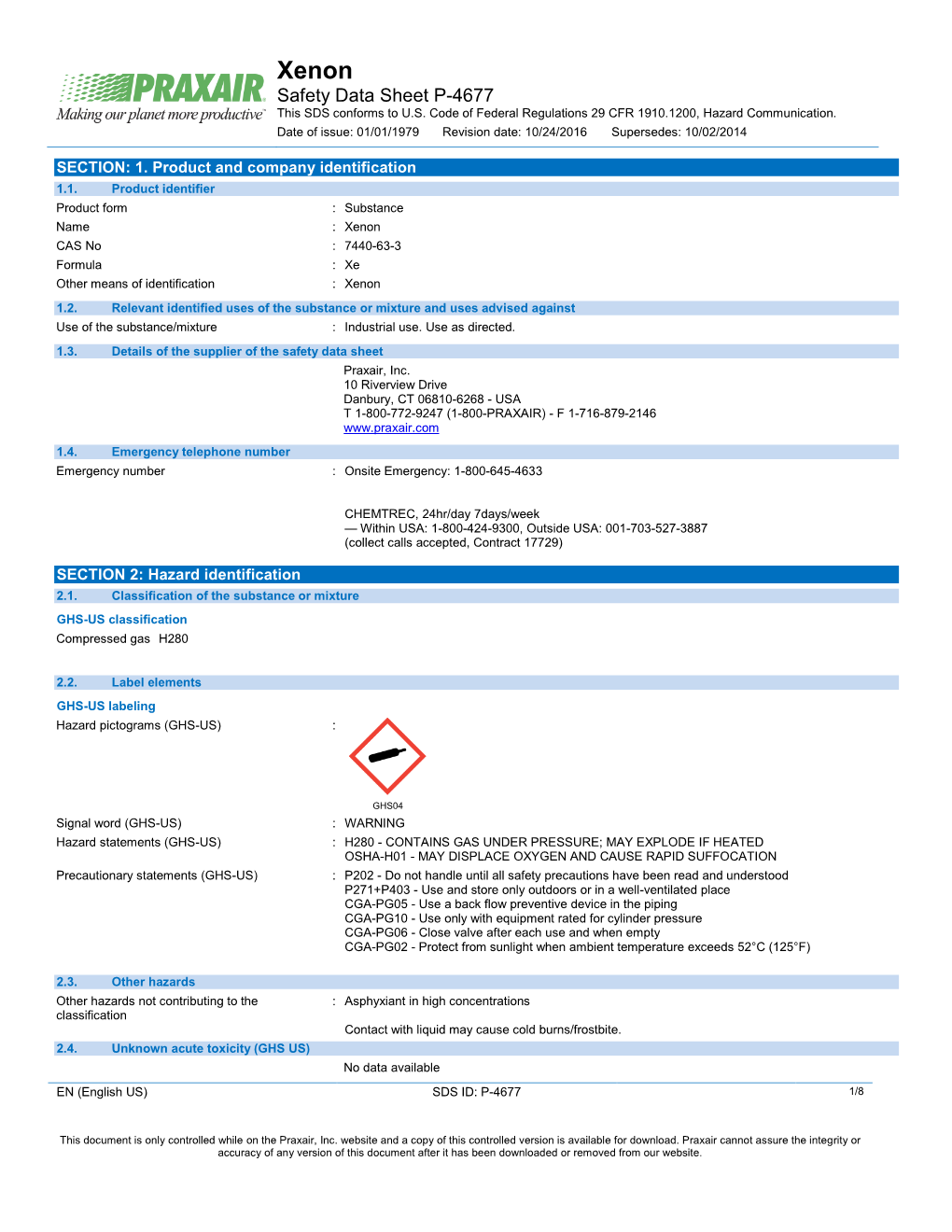 Xenon Gas Xe Safety Data Sheet SDS P4677