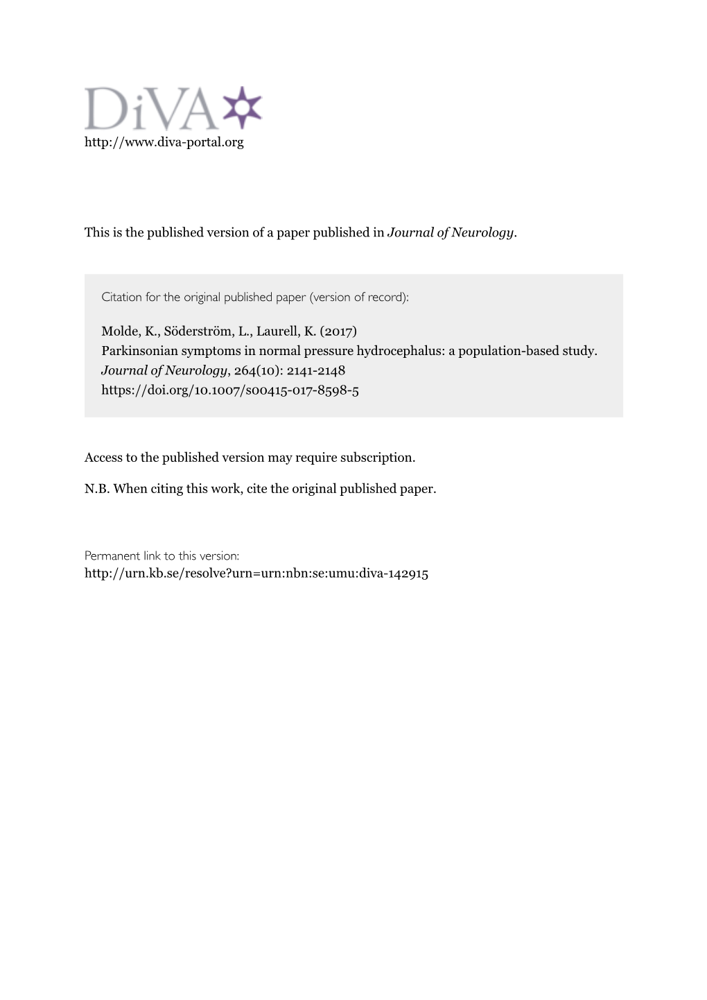 Parkinsonian Symptoms in Normal Pressure Hydrocephalus: a Population-Based Study