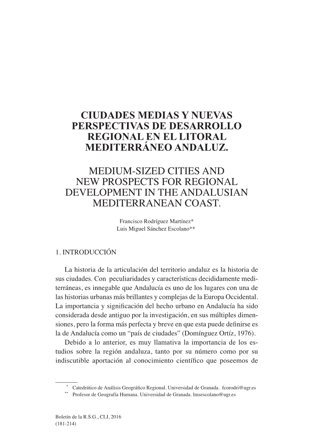 Ciudades Medias Y Nuevas Perspectivas De Desarrollo Regional En El Litoral Mediterráneo Andaluz