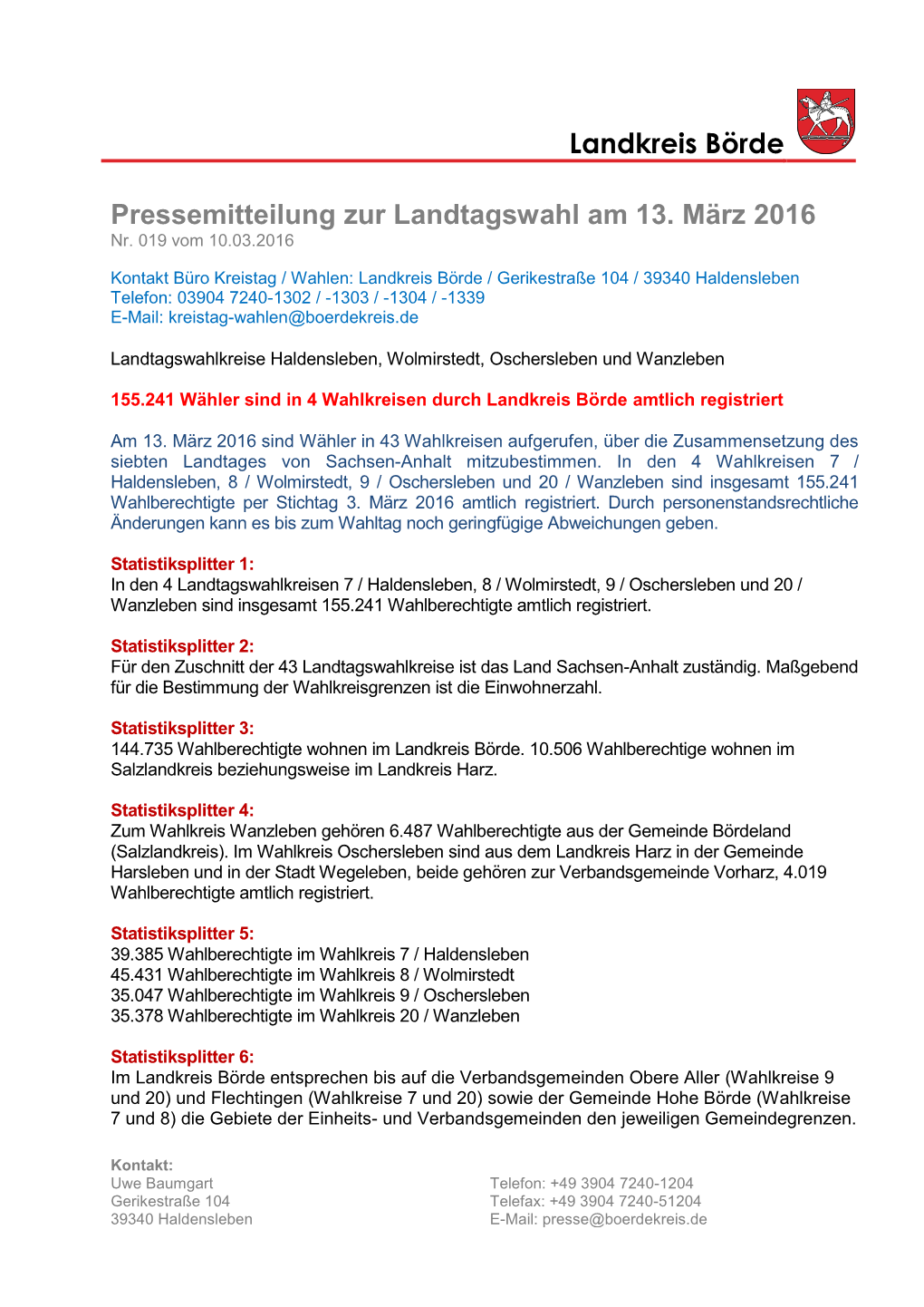 Landkreis Börde Pressemitteilung Zur Landtagswahl Am 13. März 2016