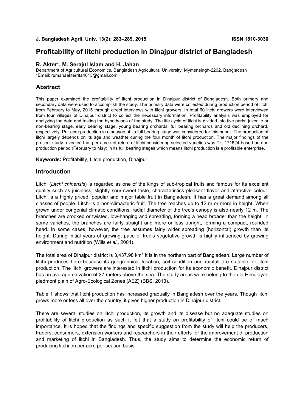 Profitability of Litchi Production in Dinajpur District of Bangladesh