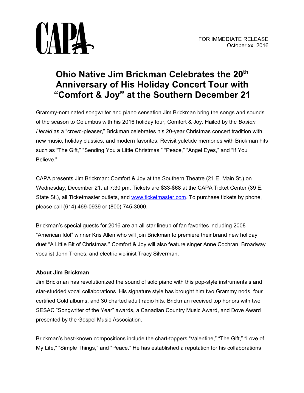 Ohio Native Jim Brickman Celebrates the 20Th Anniversary of His Holiday Concert Tour with “Comfort & Joy” at the Southern December 21