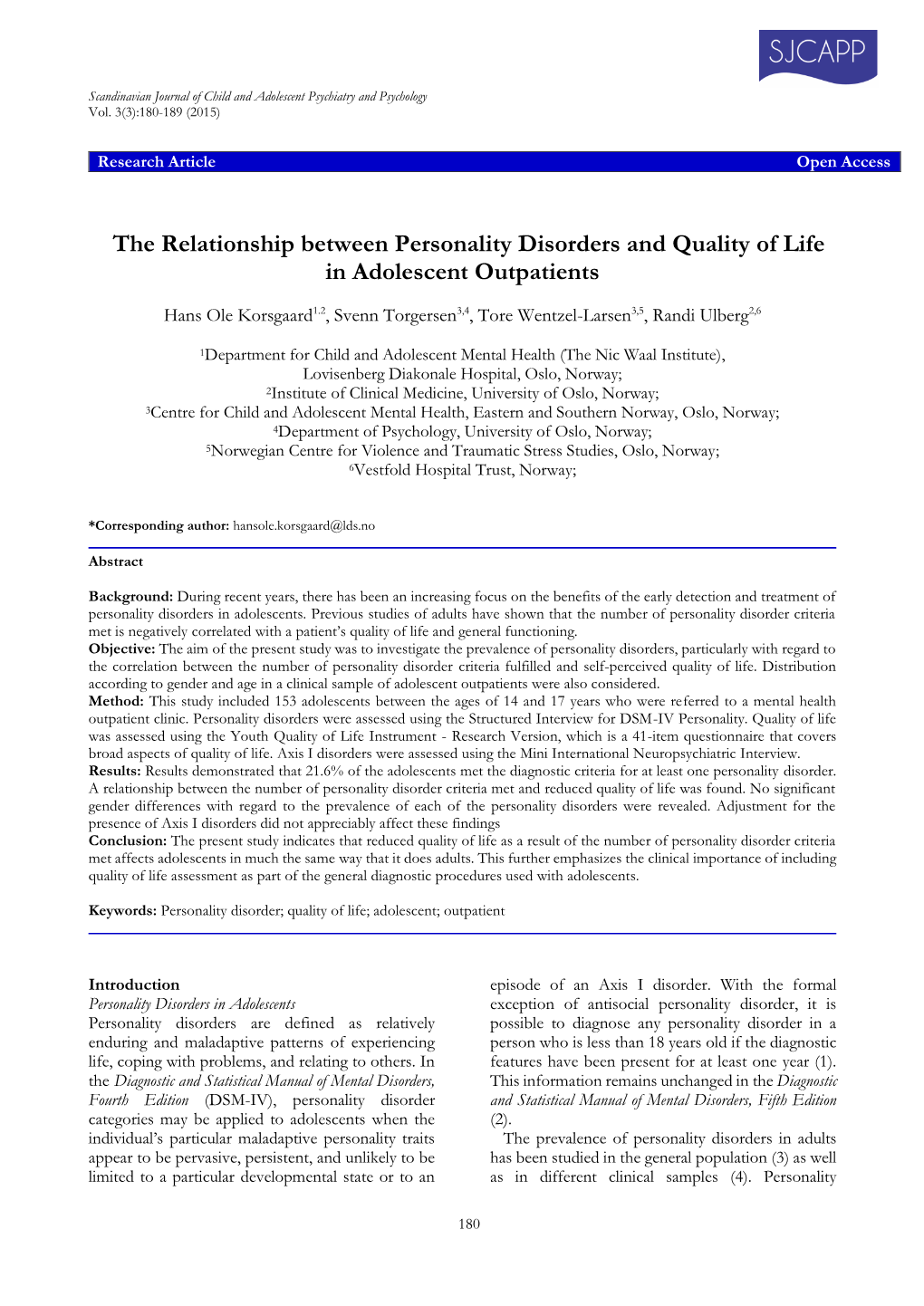 The Relationship Between Personality Disorders and Quality of Life in Adolescent Outpatients