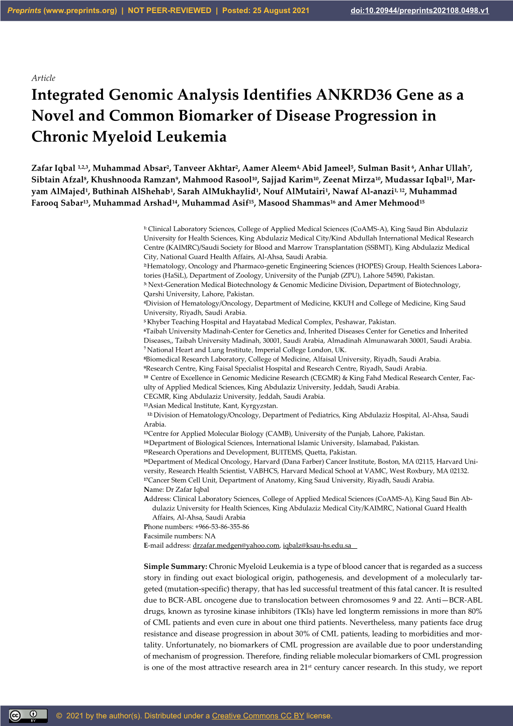 Integrated Genomic Analysis Identifies ANKRD36 Gene As a Novel and Common Biomarker of Disease Progression in Chronic Myeloid Leukemia