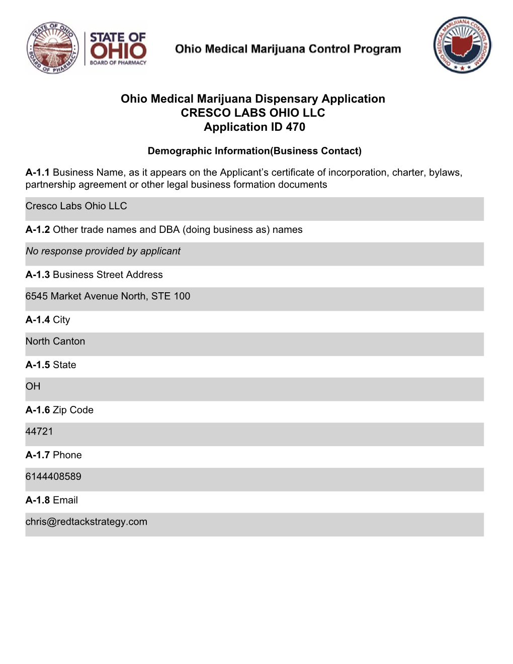 CRESCO LABS OHIO LLC Application ID 470