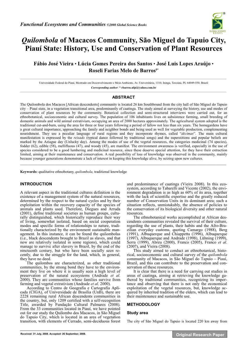 Quilombola of Macacos Community, São Miguel Do Tapuio City, Piauí State: History, Use and Conservation of Plant Resources