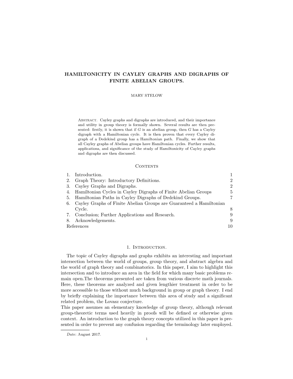 HAMILTONICITY in CAYLEY GRAPHS and DIGRAPHS of FINITE ABELIAN GROUPS. Contents 1. Introduction. 1 2. Graph Theory: Introductory