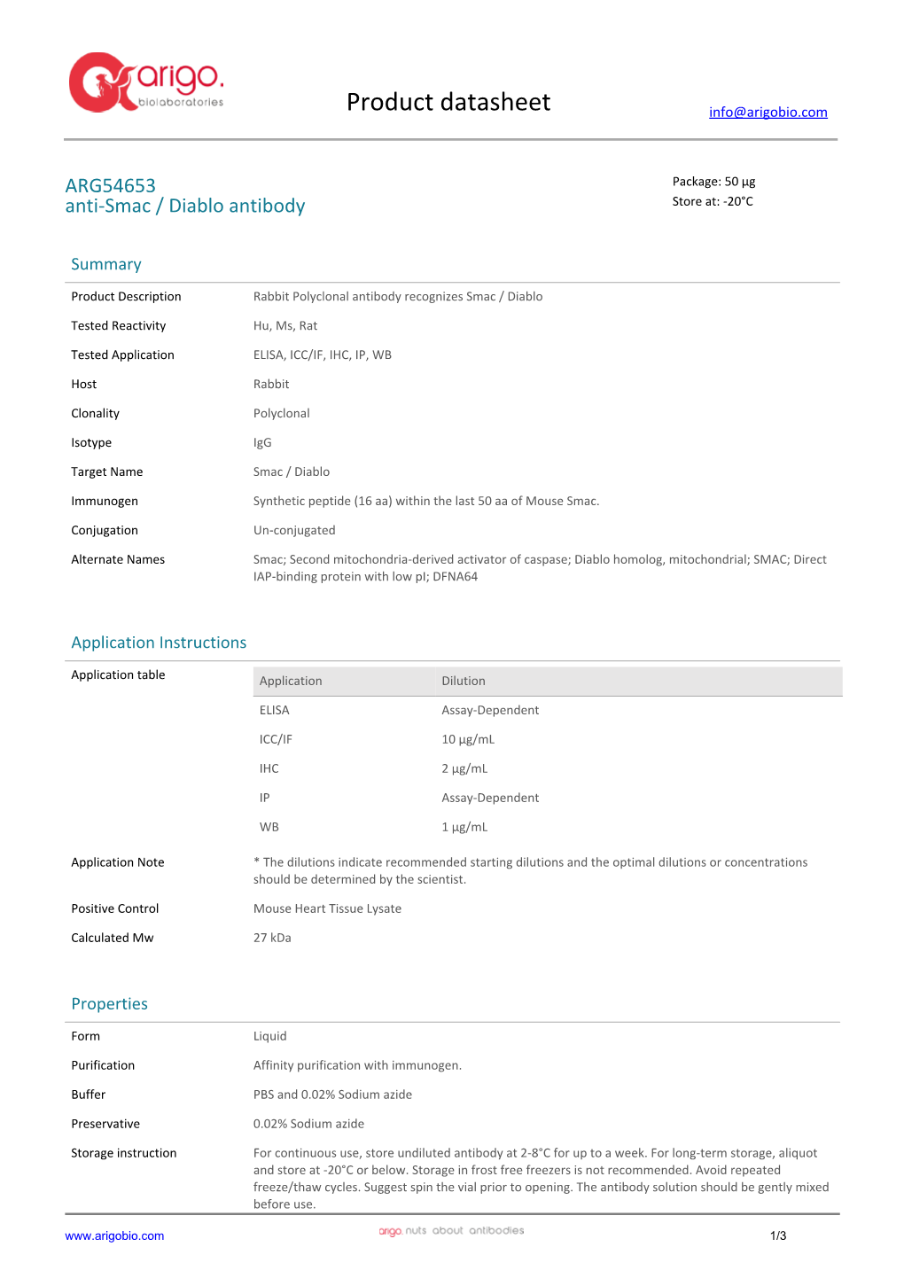 Anti-Smac / Diablo Antibody (ARG54653)