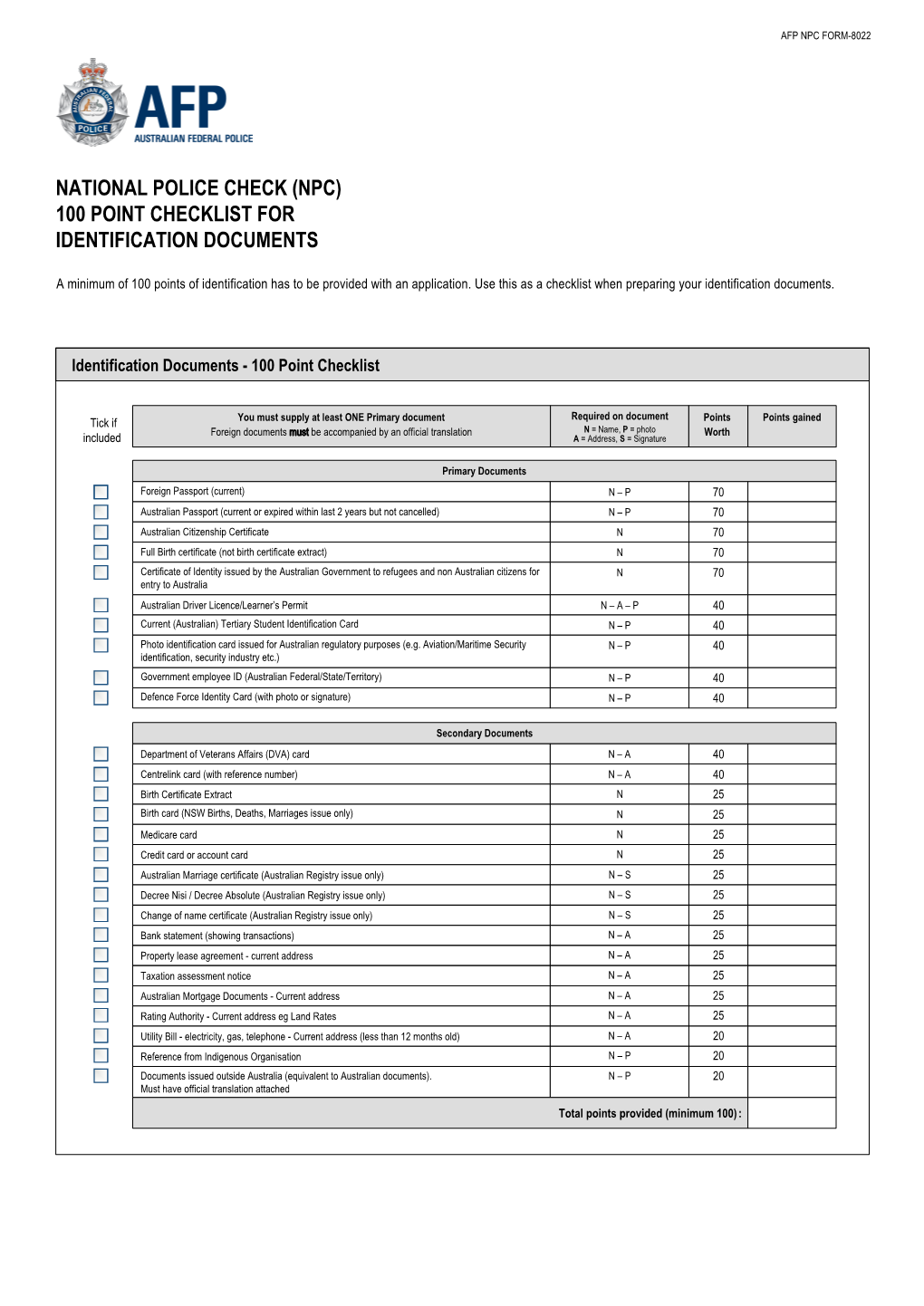 National Police Check 100 Point Checklist