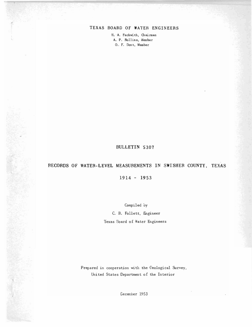 Records of Water-Level Measurements in Swisher County, Texas 1914 - 1953