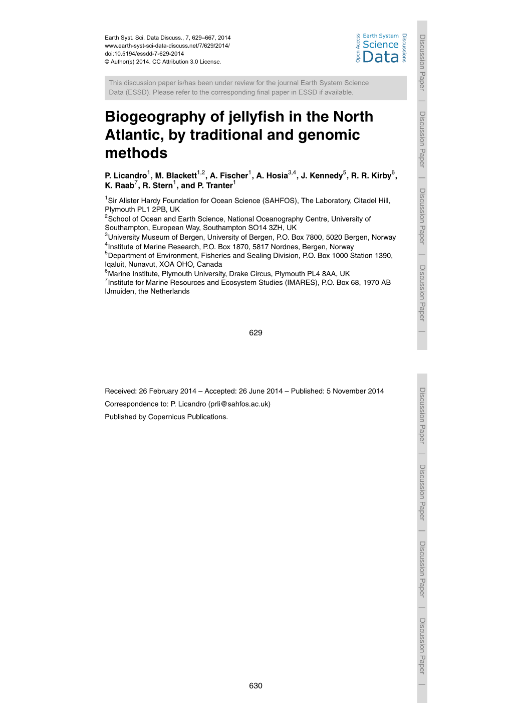 Biogeography of Jellyfish in the North Atlantic, by Traditional and Genomic