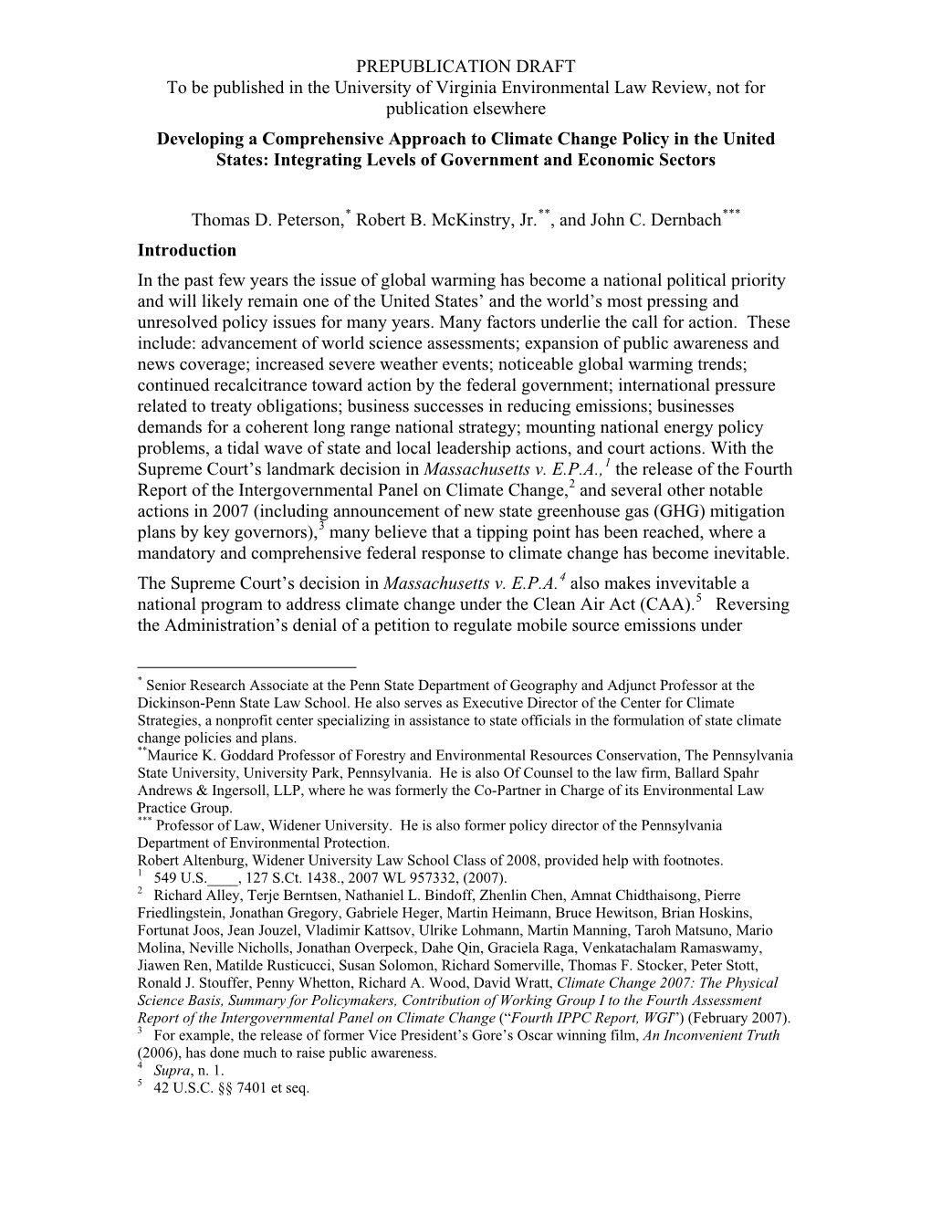 Developing a Comprehensive Approach to Climate Change Policy in the United States: Integrating Levels of Government and Economic Sectors