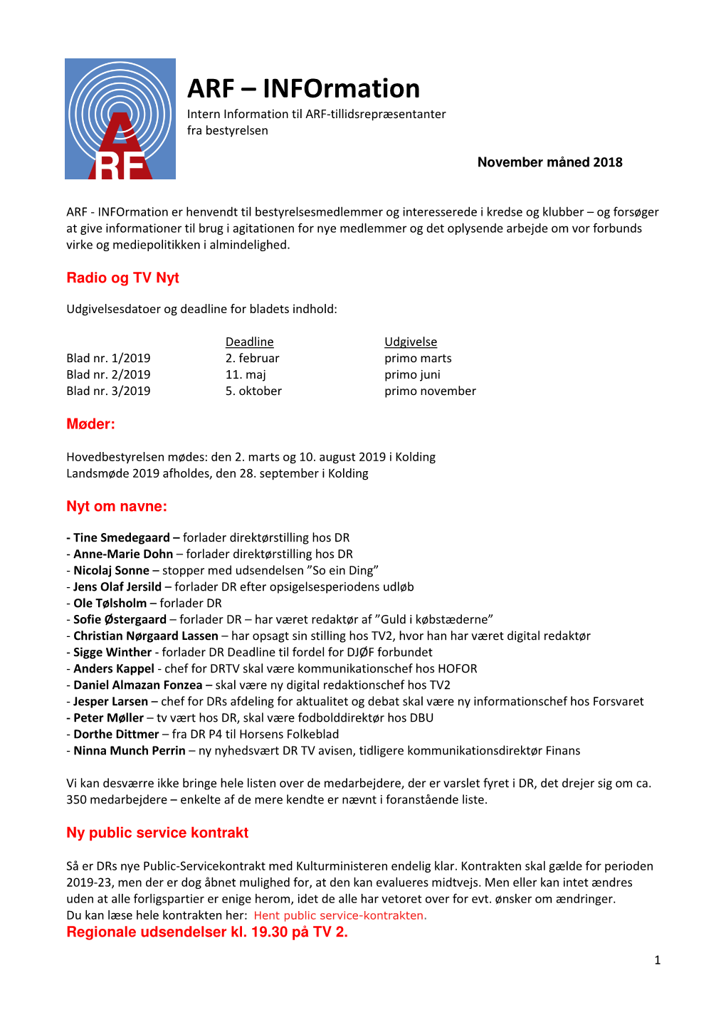 ARF – Information Intern Information Til ARF-Tillidsrepræsentanter Fra Bestyrelsen