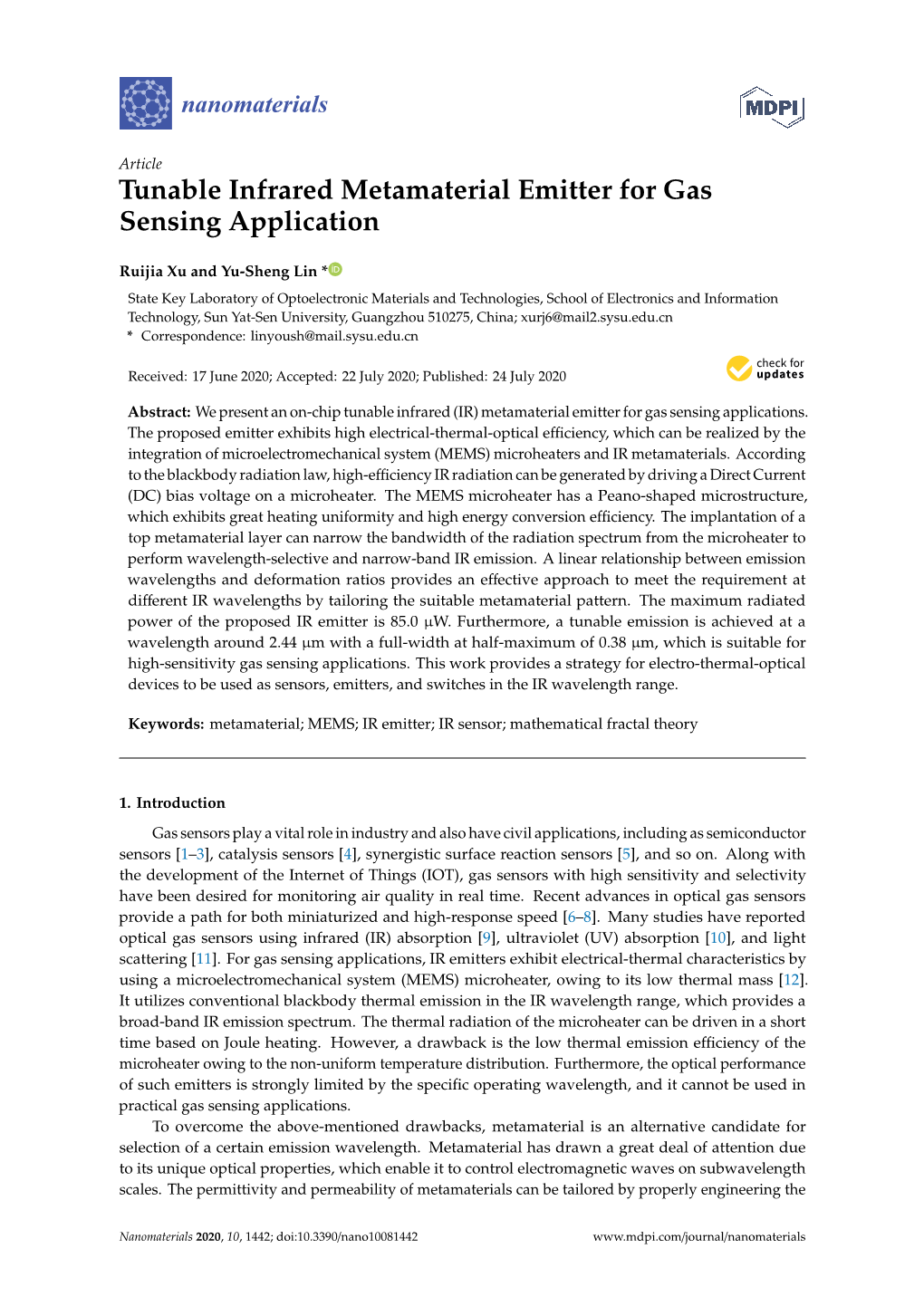 Tunable Infrared Metamaterial Emitter for Gas Sensing Application