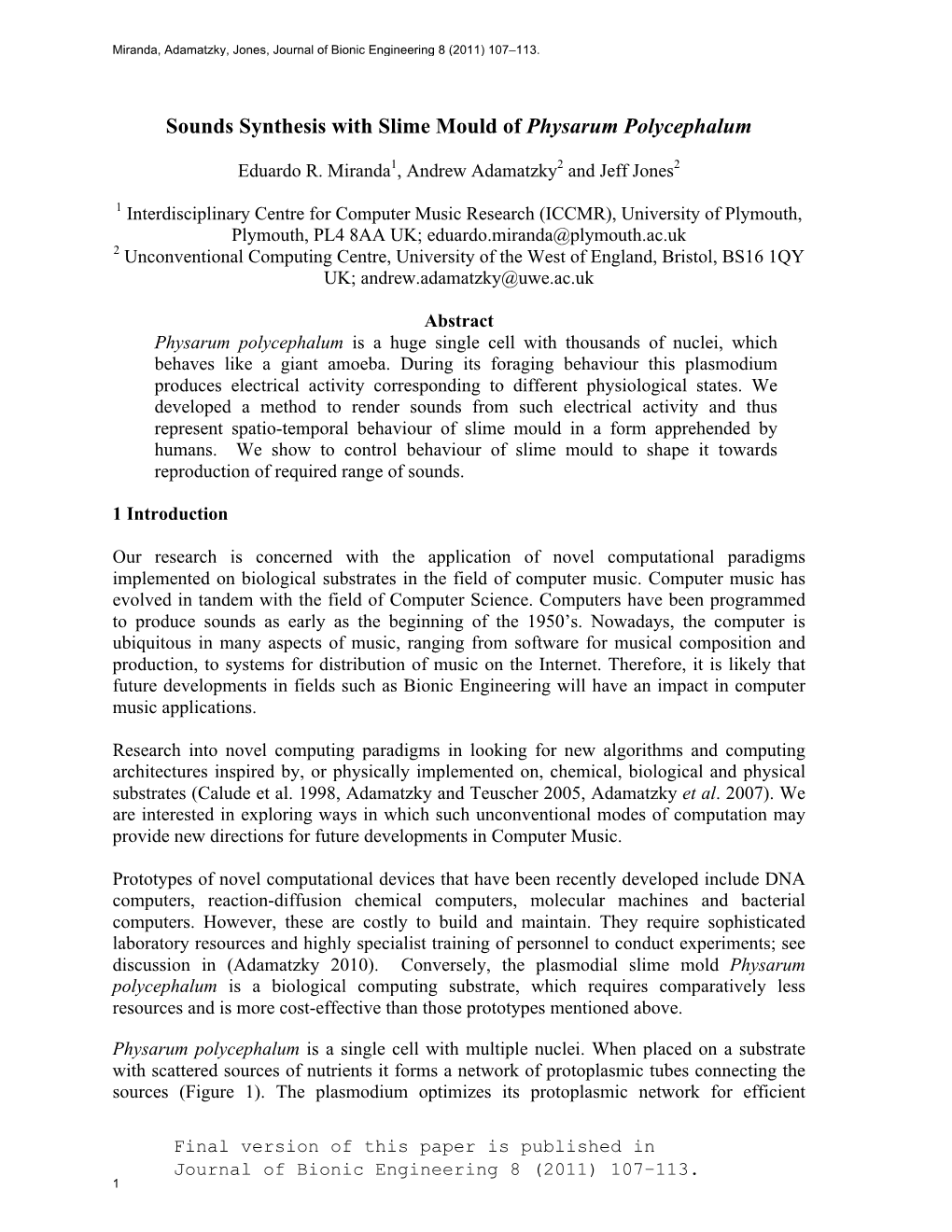 Sounds Synthesis with Slime Mould of Physarum Polycephalum