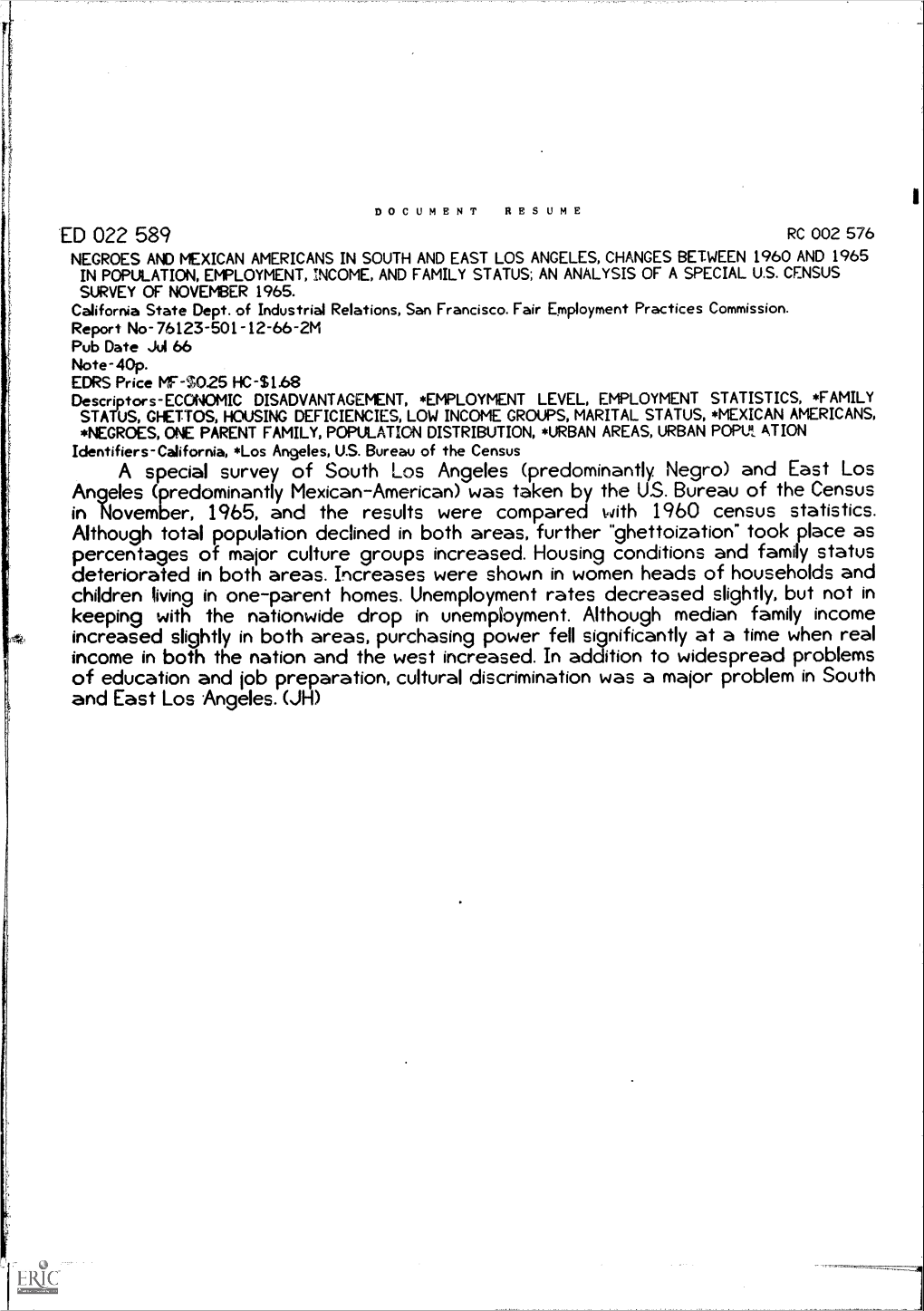 In November, 1965, and the Results Were Compared with 1960 Census Statistics