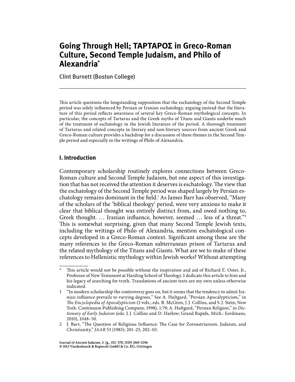 ΤΑΡΤΑΡΟΣ in Greco-Roman Culture, Second Temple Judaism, and Philo of Alexandria* Clint Burnett (Boston College)