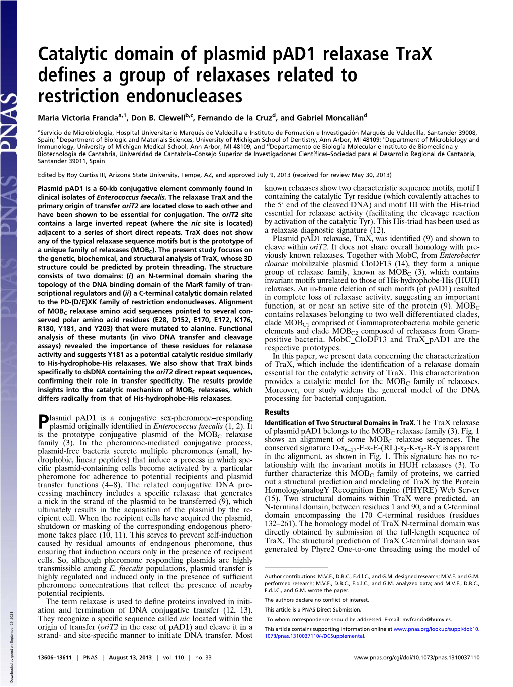 Catalytic Domain of Plasmid Pad1 Relaxase Trax Defines a Group Of