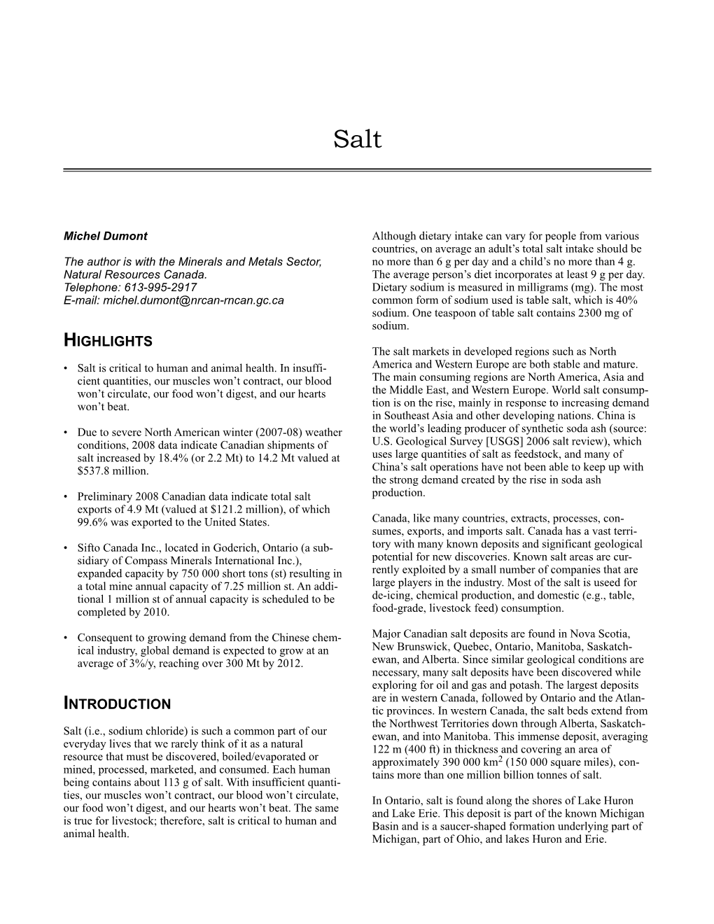 CANADIAN SALT PRODUCERS Explosives, Fertilizers, Glass, and Cosmetics