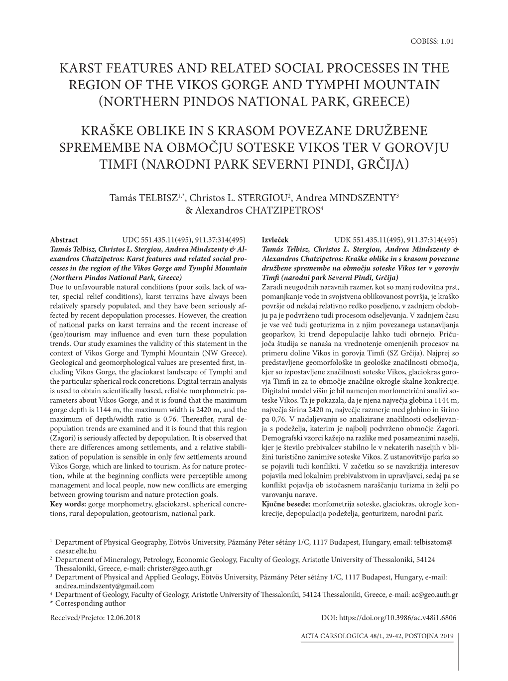 Karst Features and Related Social Processes in the Region of the Vikos Gorge and Tymphi Mountain (Northern Pindos National Park, Greece)