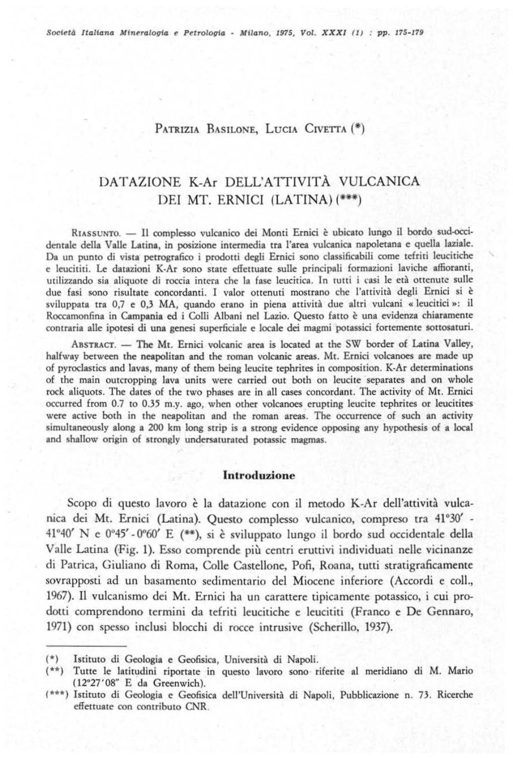 DATAZIONE K-Ar DELL'attività VULCANICA DEI MT. ERNICI