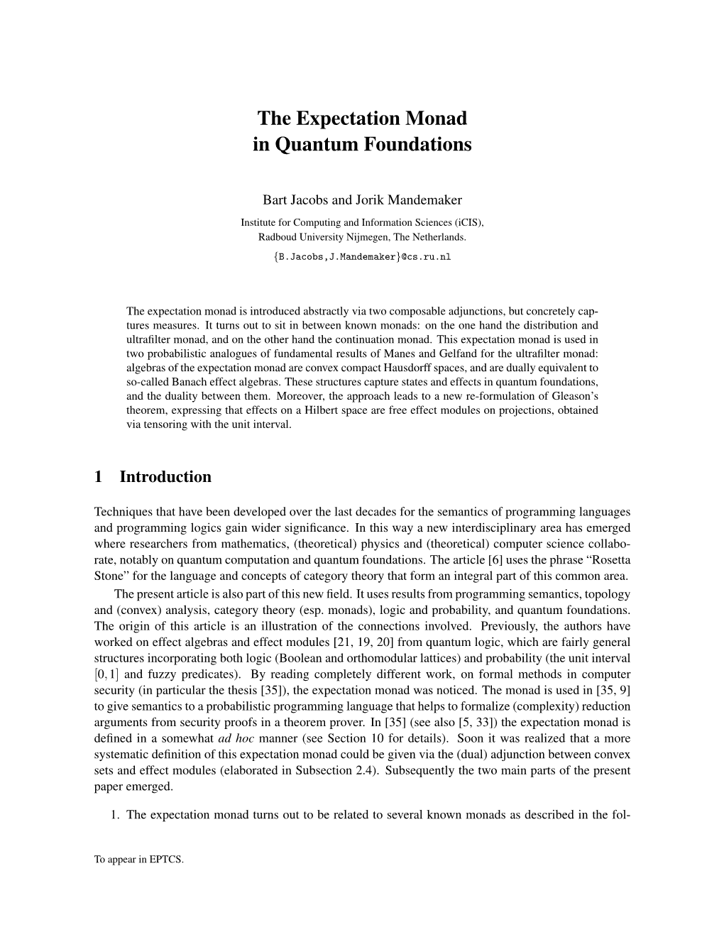 The Expectation Monad in Quantum Foundations