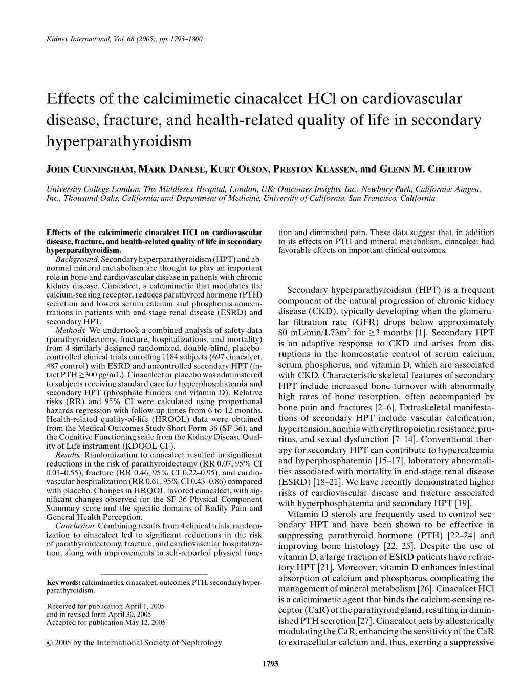 Effects of the Calcimimetic Cinacalcet Hcl on Cardiovascular Disease, Fracture, and Health-Related Quality of Life in Secondary Hyperparathyroidism