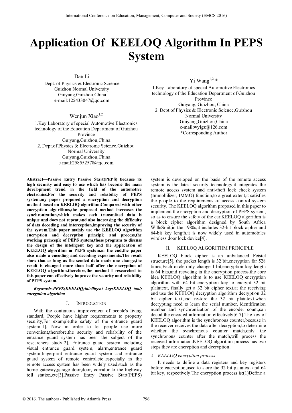 Application of KEELOQ Algorithm in PEPS System