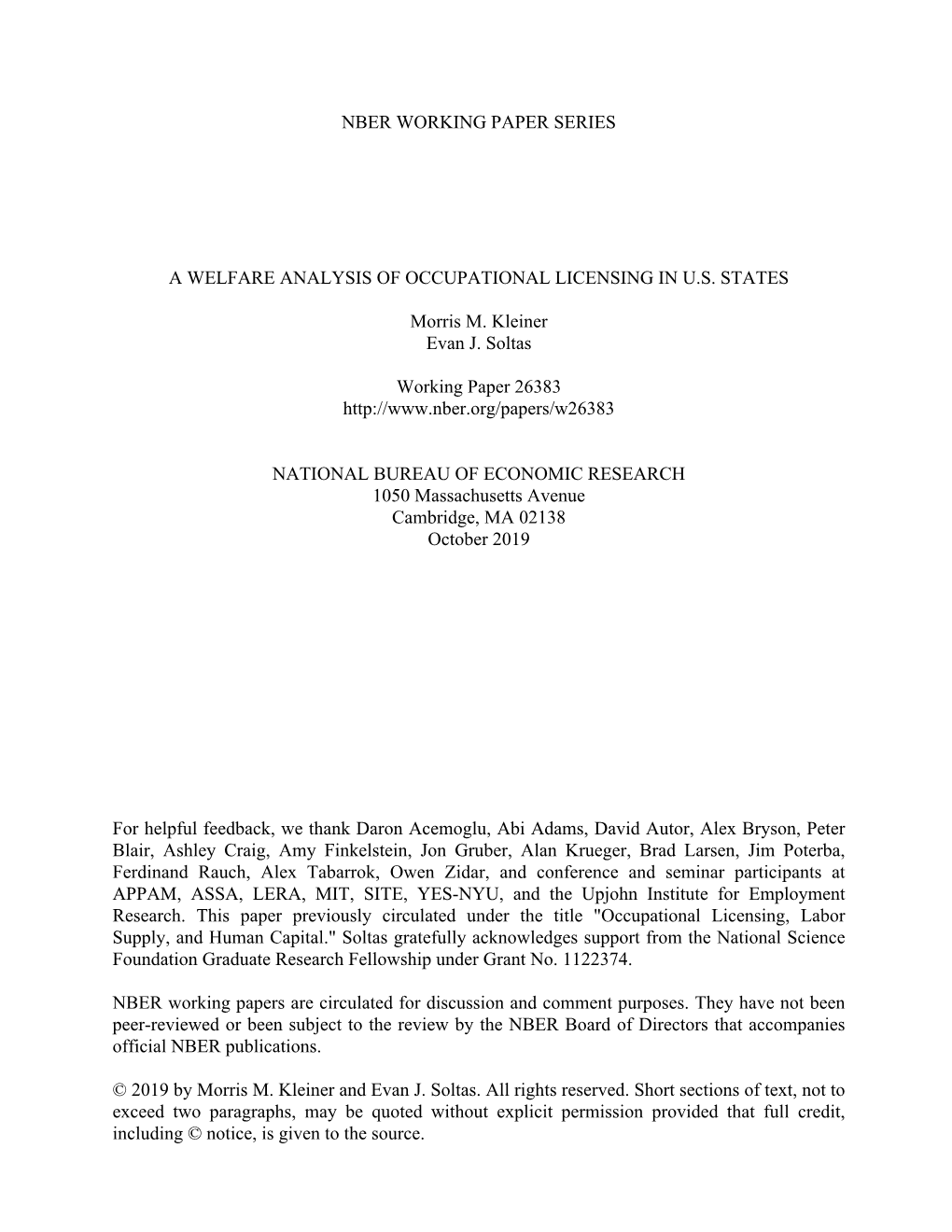 A Welfare Analysis of Occupational Licensing in U.S. States