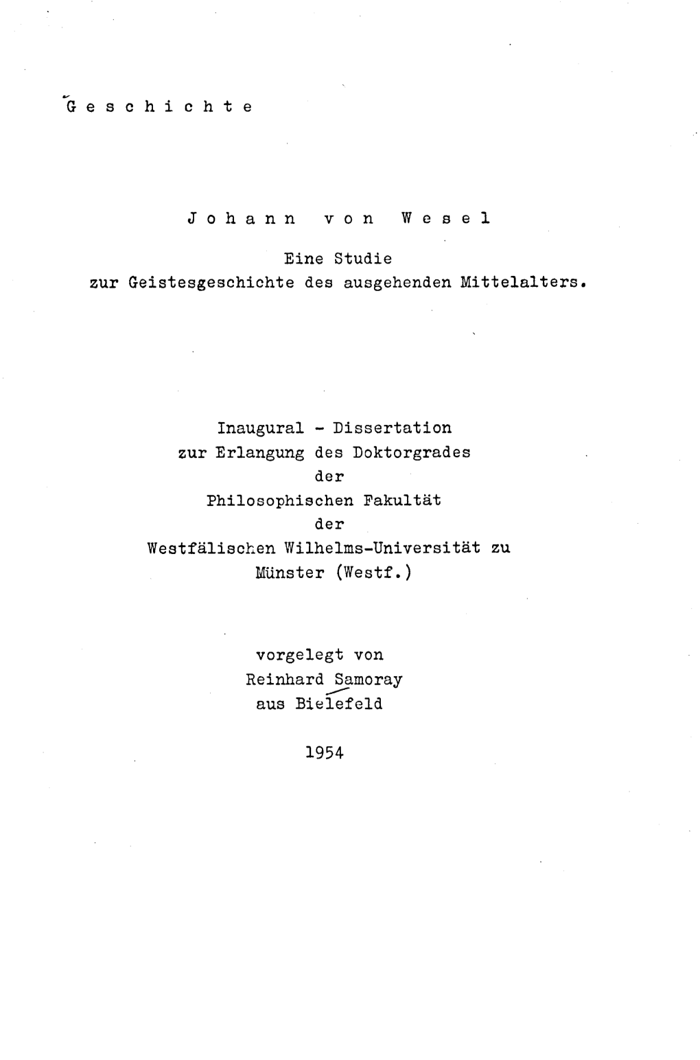 G E S Chi C H T E J 0 H Ann Von Wes E 1 Eine Studie Zur Geistesgeschichte