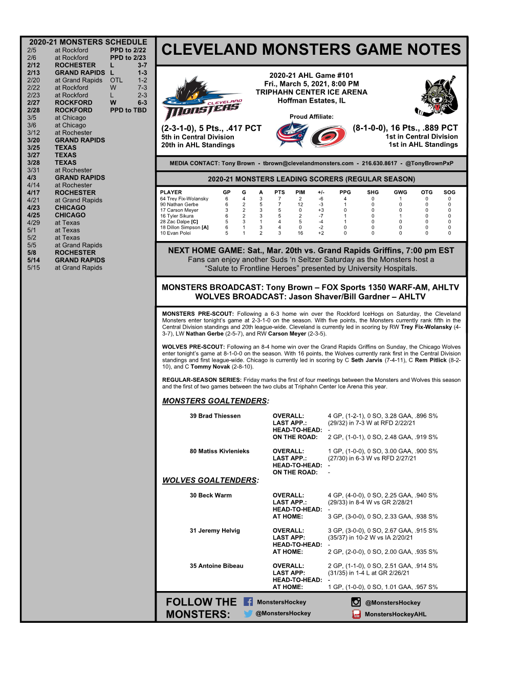 Cleveland Monsters Game Notes