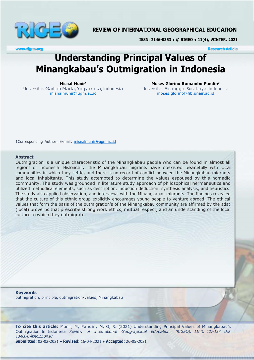 Understanding Principal Values of Minangkabau's Outmigration In