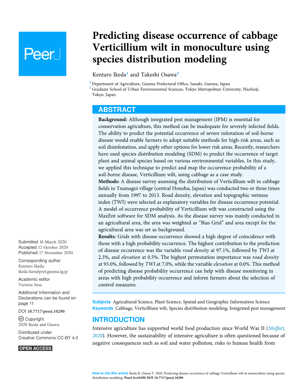 Predicting Disease Occurrence of Cabbage Verticillium Wilt in Monoculture Using Species Distribution Modeling