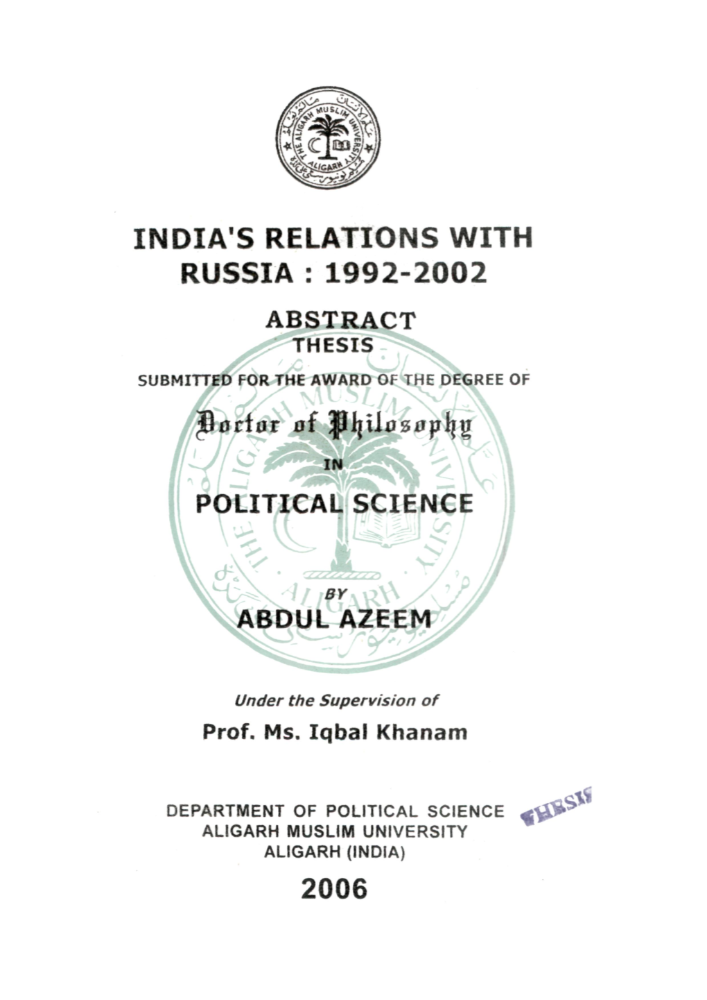 India's Relations with Russia : 1992-2002 Political