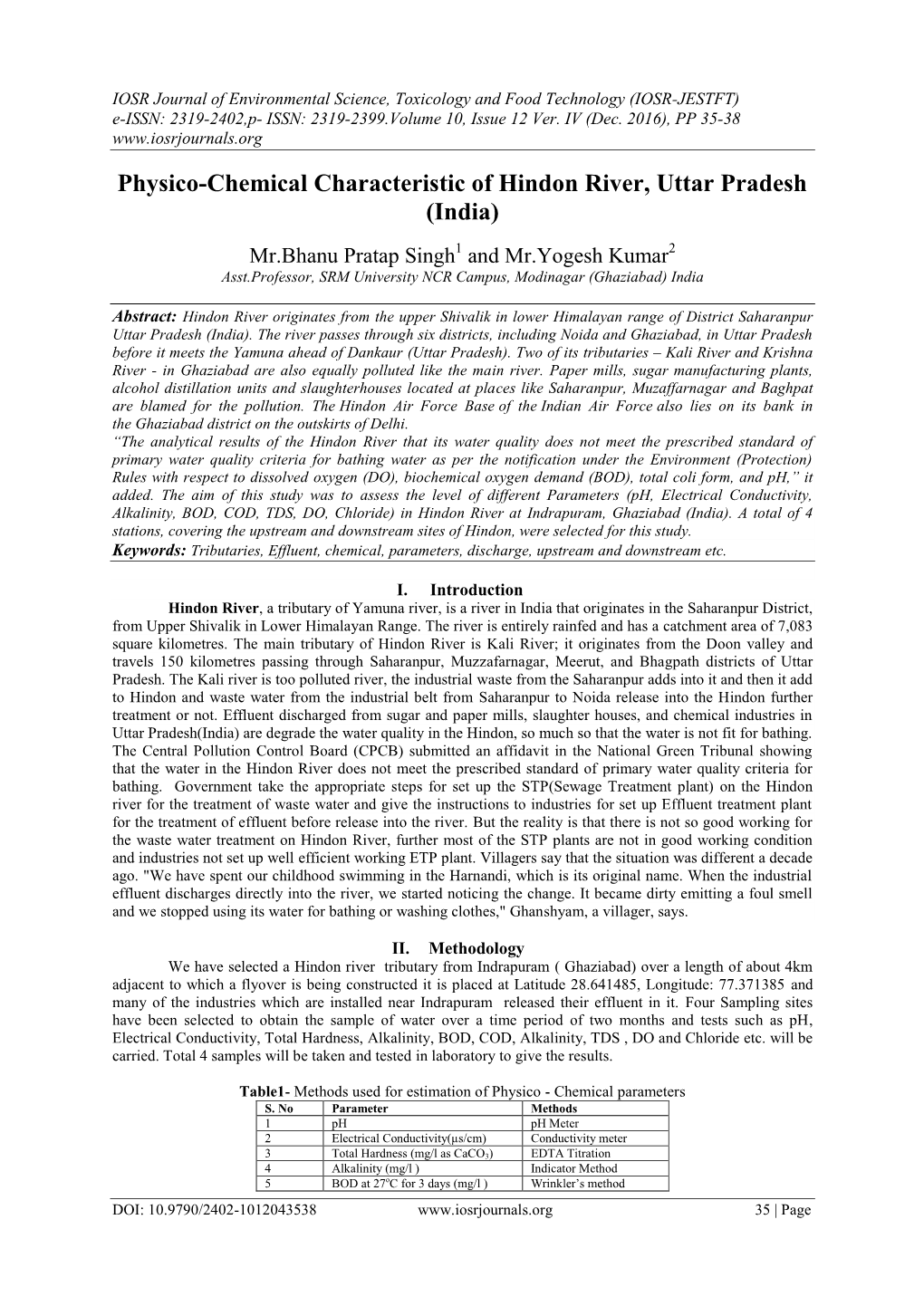 Physico-Chemical Characteristic of Hindon River, Uttar Pradesh (India)