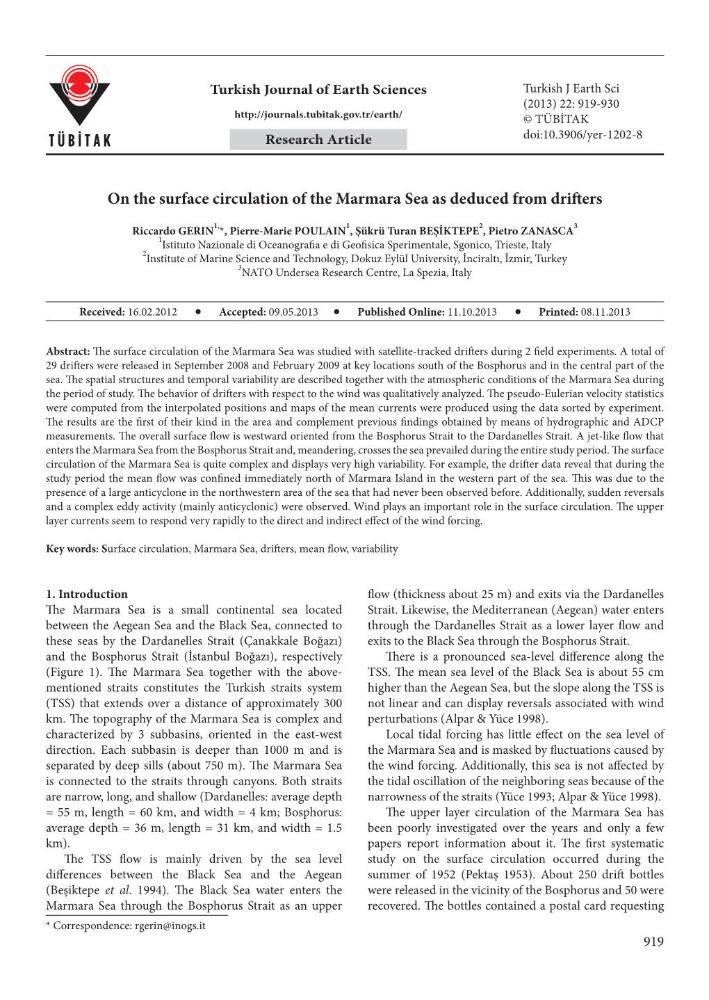 On the Surface Circulation of the Marmara Sea As Deduced from Drifters