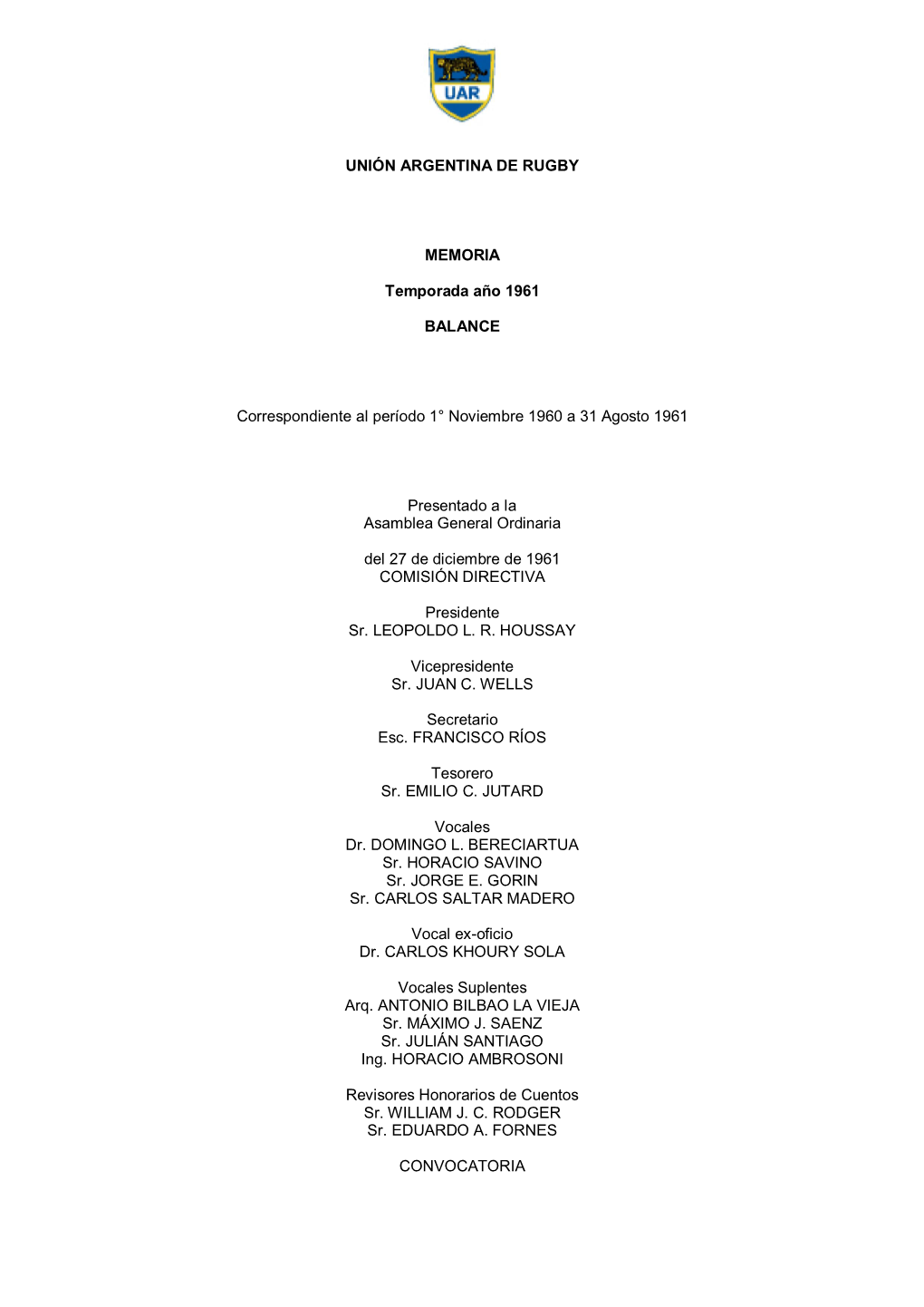 UNIÓN ARGENTINA DE RUGBY MEMORIA Temporada Año 1961