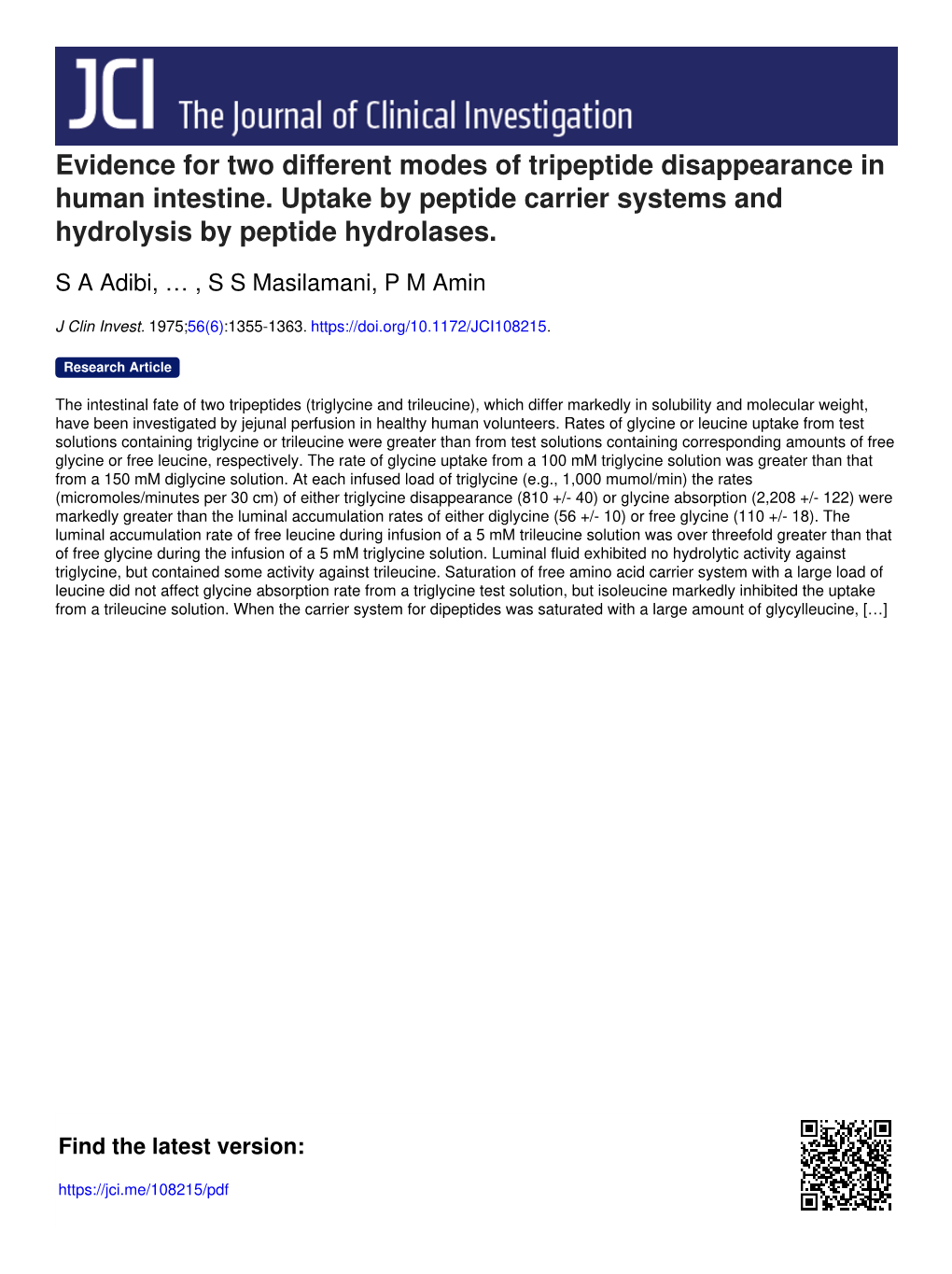 Evidence for Two Different Modes of Tripeptide Disappearance in Human Intestine. Uptake by Peptide Carrier Systems and Hydrolysis by Peptide Hydrolases