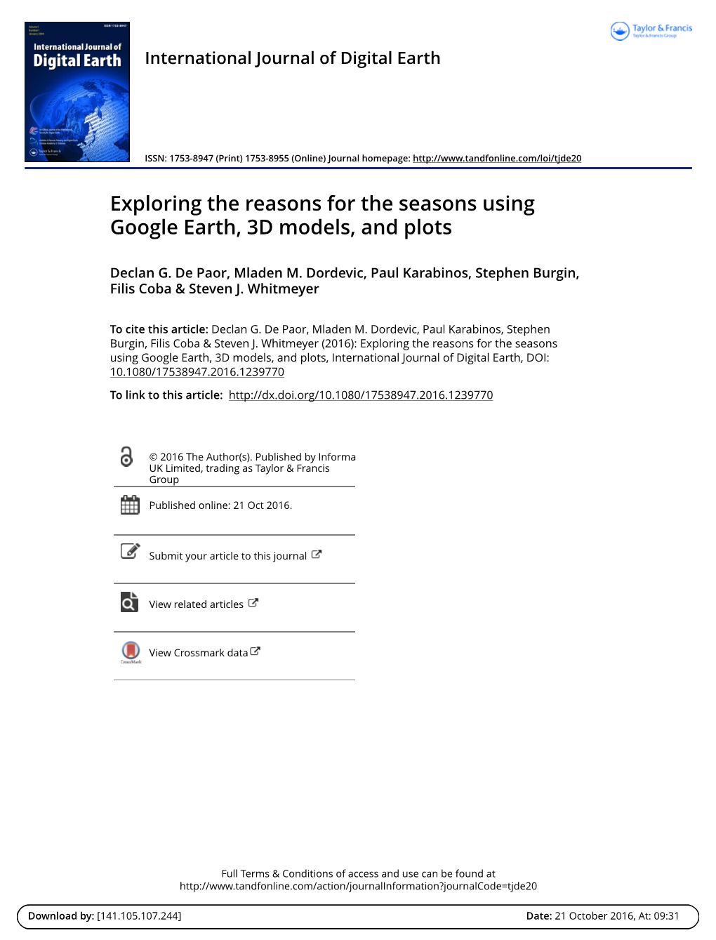 Exploring the Reasons for the Seasons Using Google Earth, 3D Models, and Plots