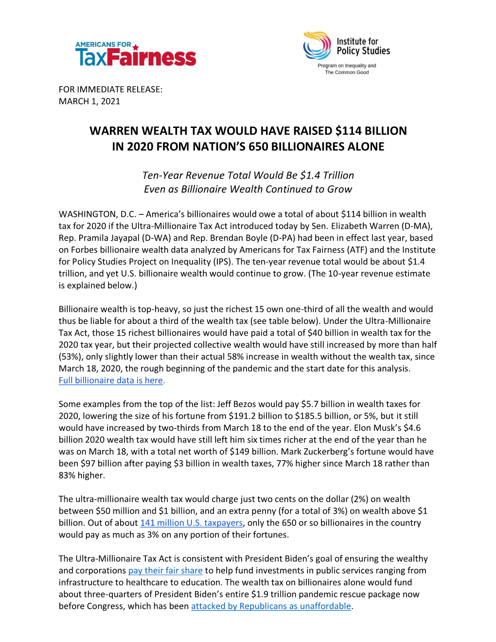 Warren Wealth Tax Would Have Raised $114 Billion in 2020 from Nation’S 650 Billionaires Alone