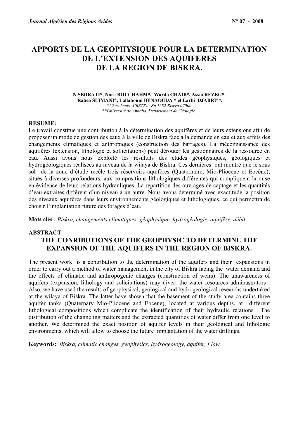 Apports De La Geophysique Pour La Determination De L'extension Des Aquiferes De La Region De Biskra