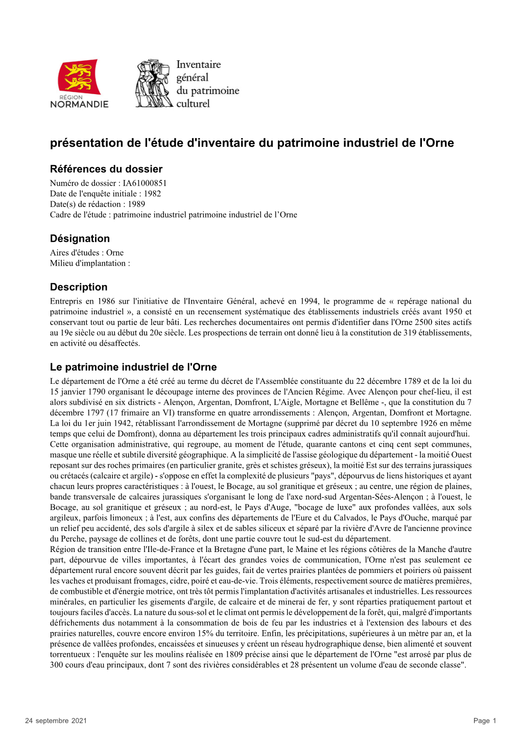 Présentation De L'étude D'inventaire Du Patrimoine Industriel De L'orne