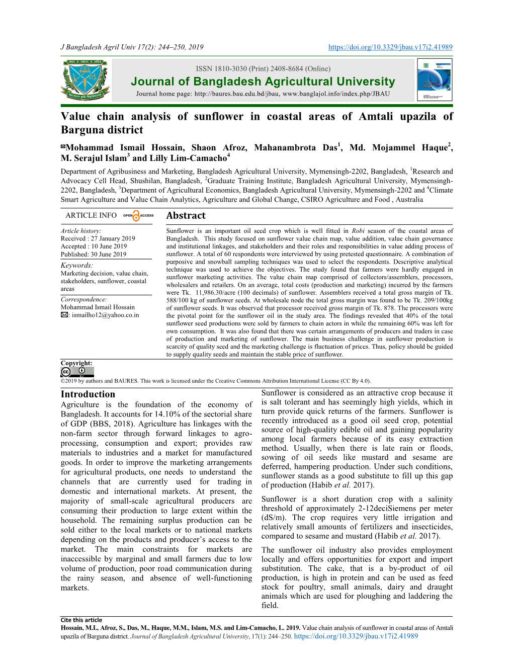 Value Chain Analysis of Sunflower in Coastal Areas of Amtali Upazila Of