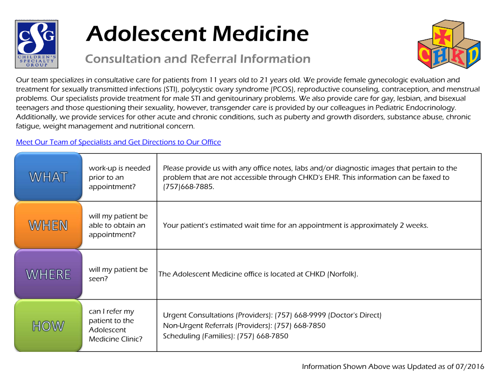 Adolescent Medicine Consultation and Referral Information