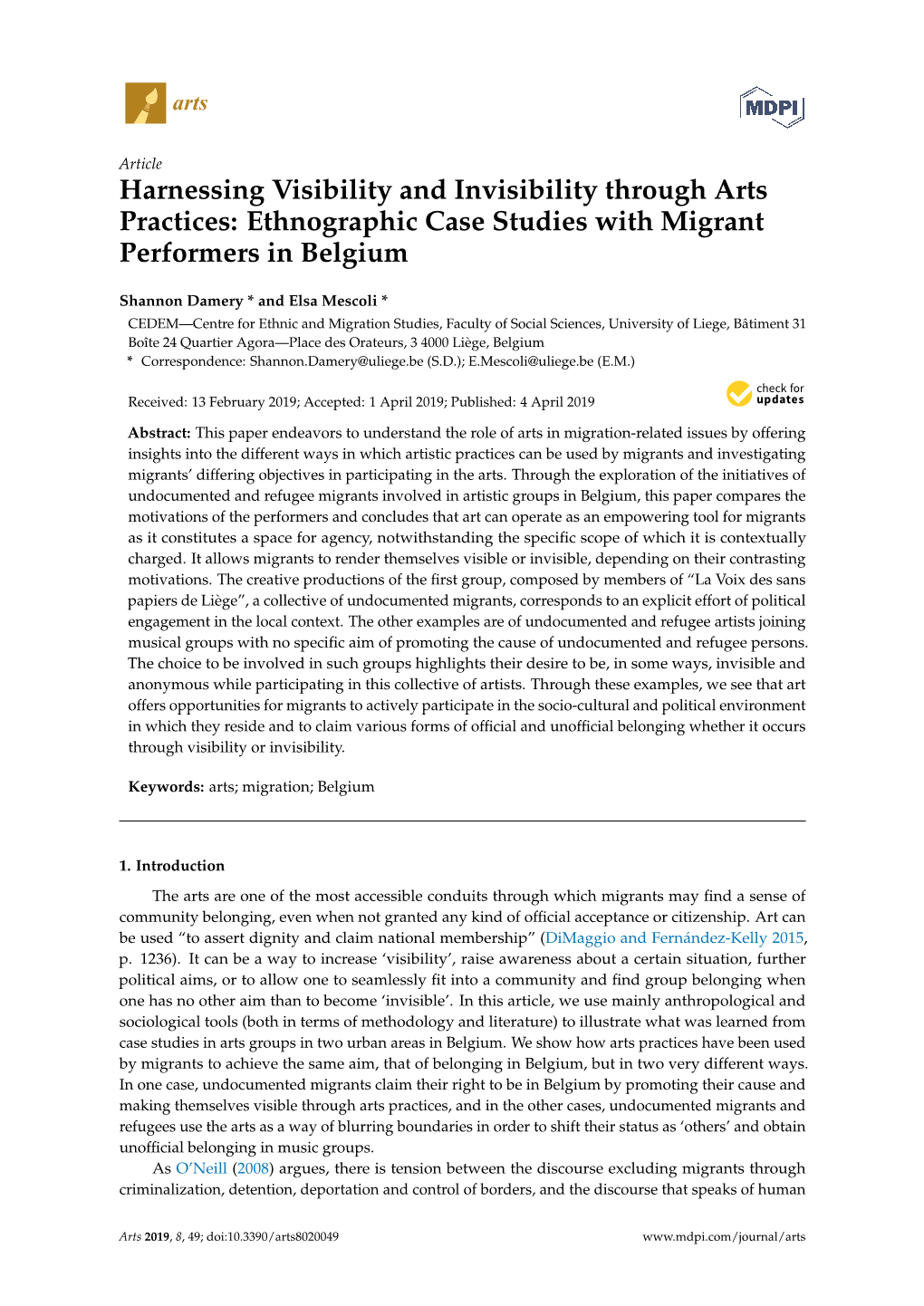 Harnessing Visibility and Invisibility Through Arts Practices: Ethnographic Case Studies with Migrant Performers in Belgium