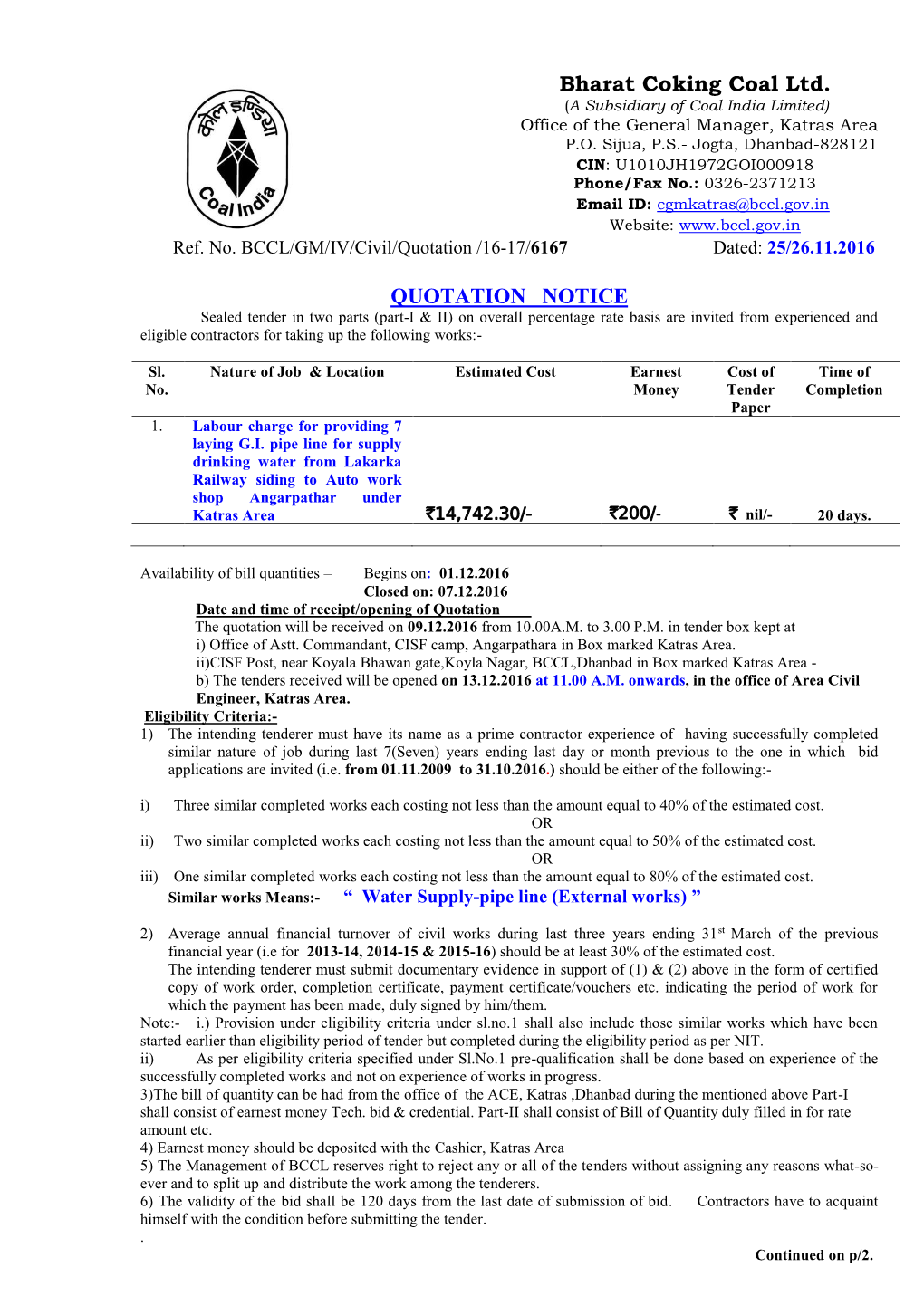 Bharat Coking Coal Ltd. QUOTATION NOTICE